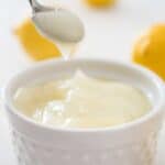 eggless lemon curd in white ramekin