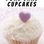 coconutpoke cake cupcake topped with purple candy heart and text reading coconut poke cake cupcakes