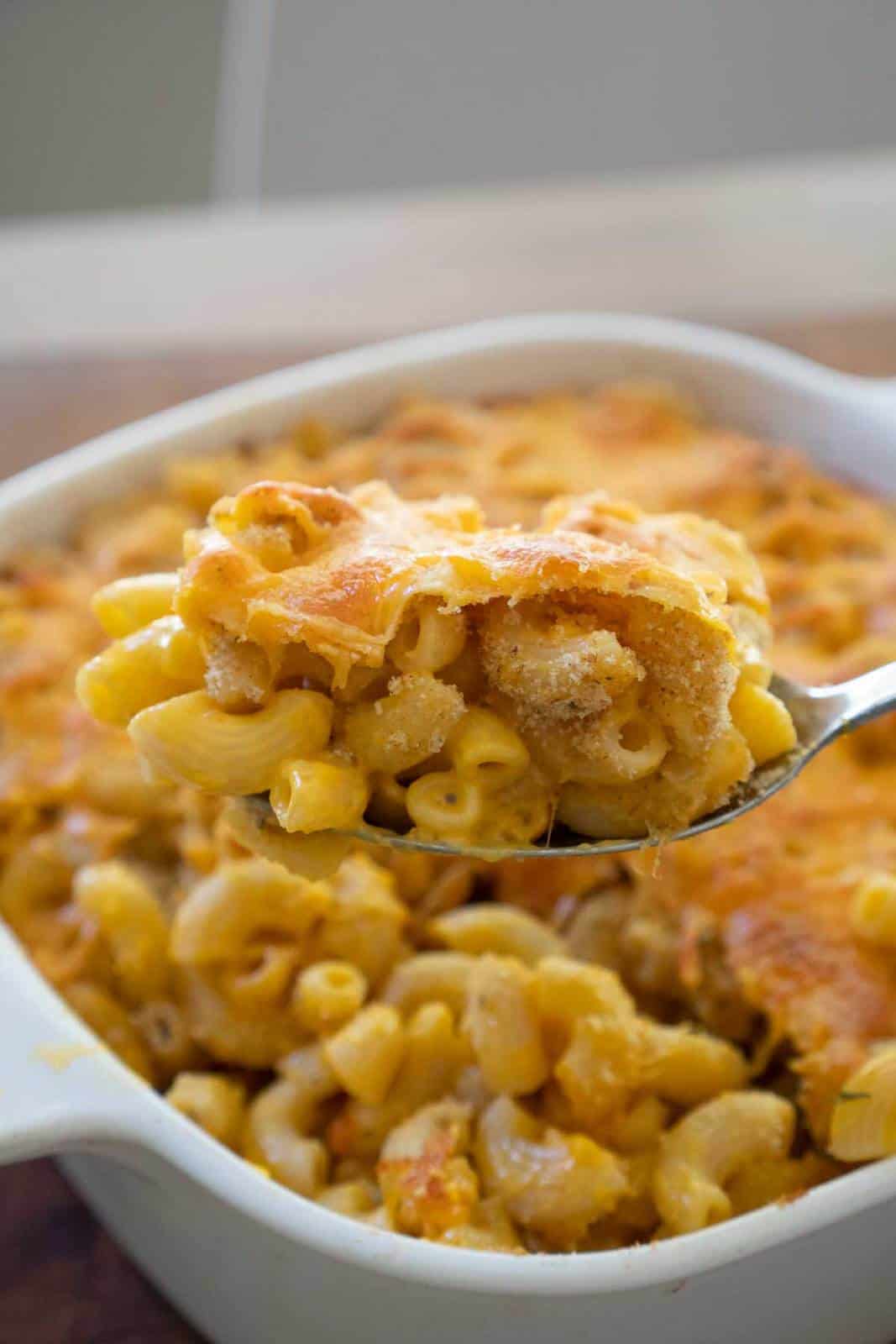 spoonful of macaroni and cheese in front of casserole dish