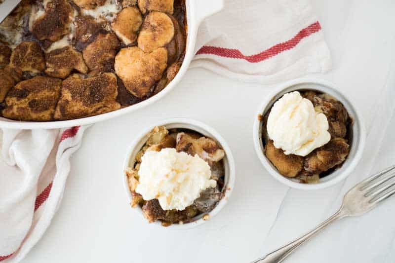 apple snickerdoodle cobbler in dish and two bowls