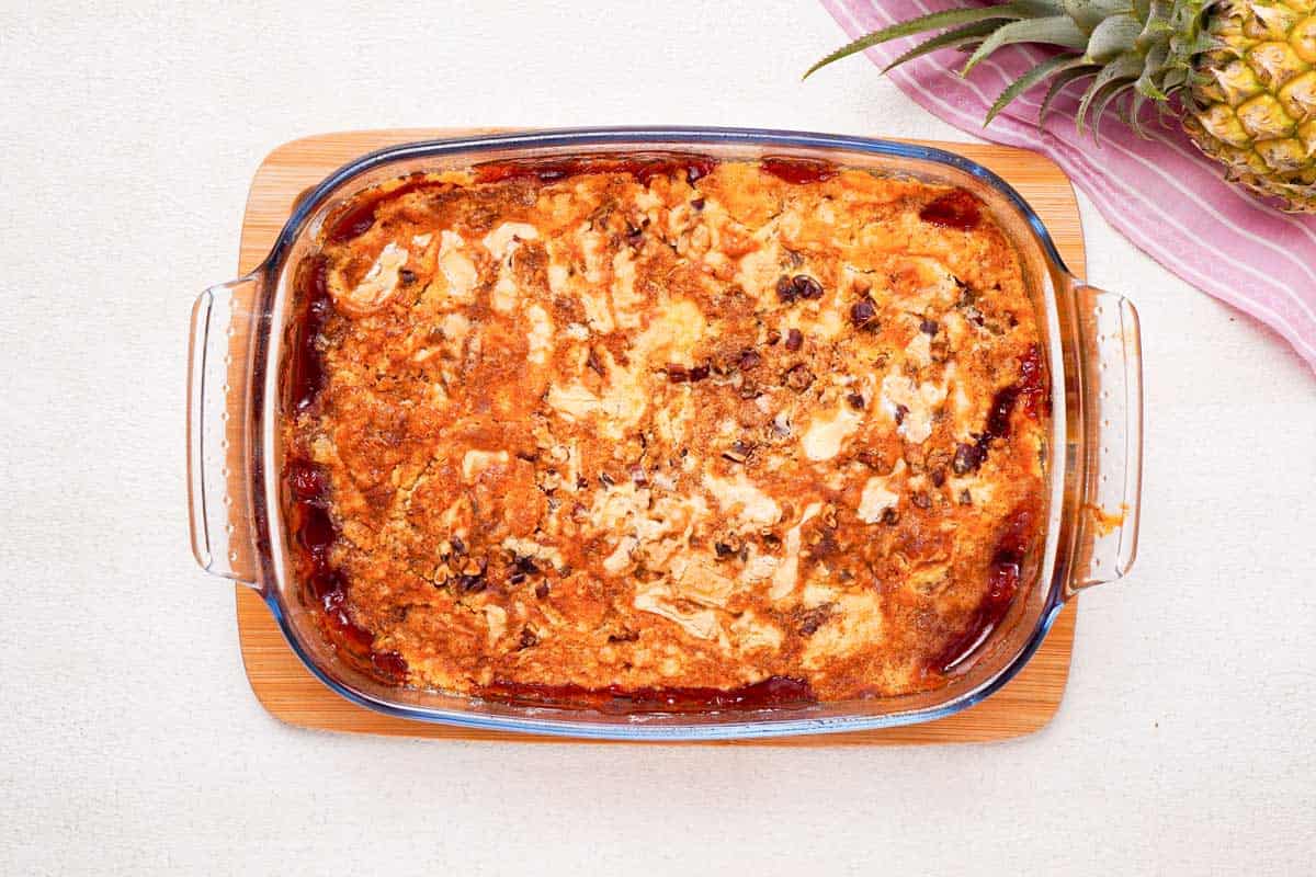 overhead view of cherry pineapple dump cake after baking