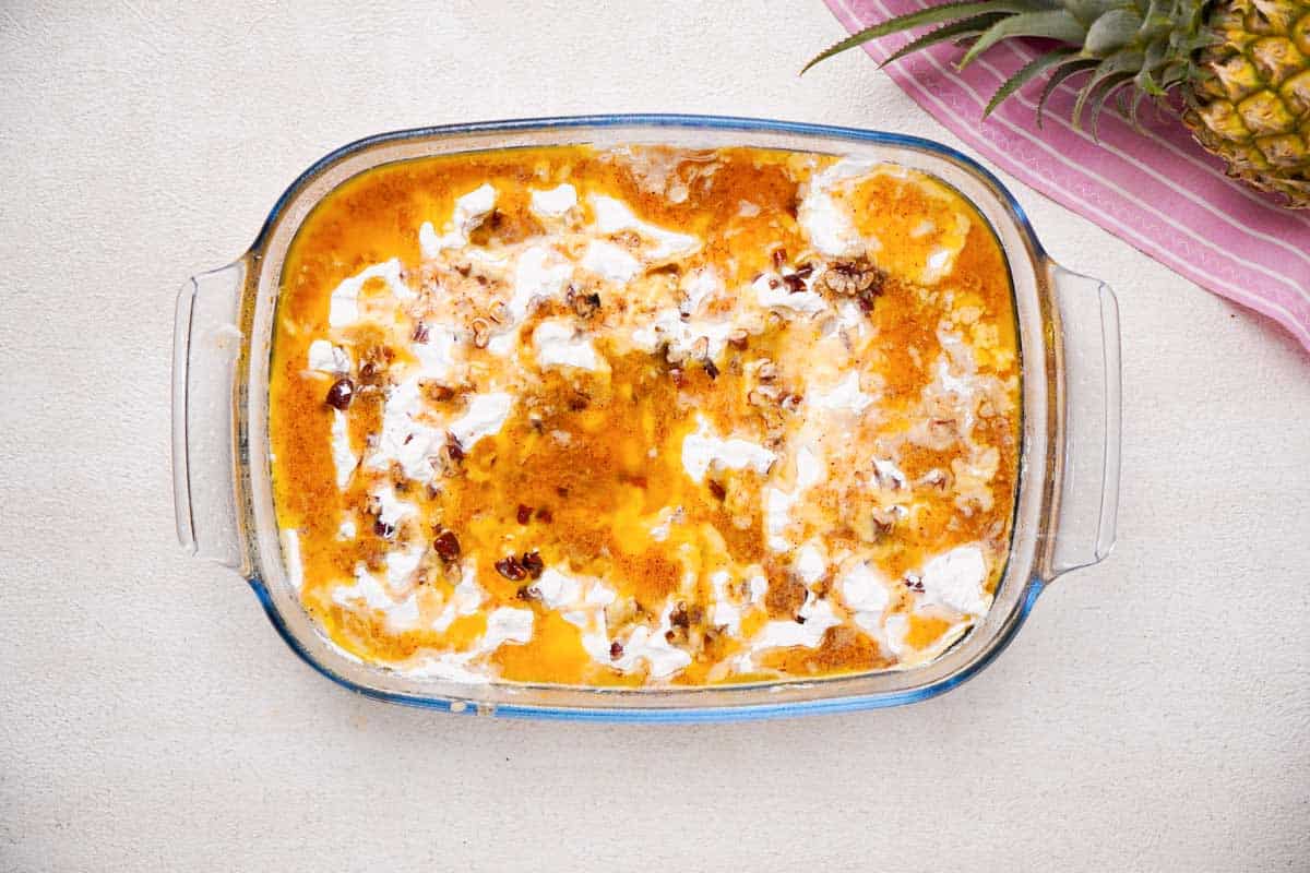 overhead view of cherry pineapple dump cake before baking