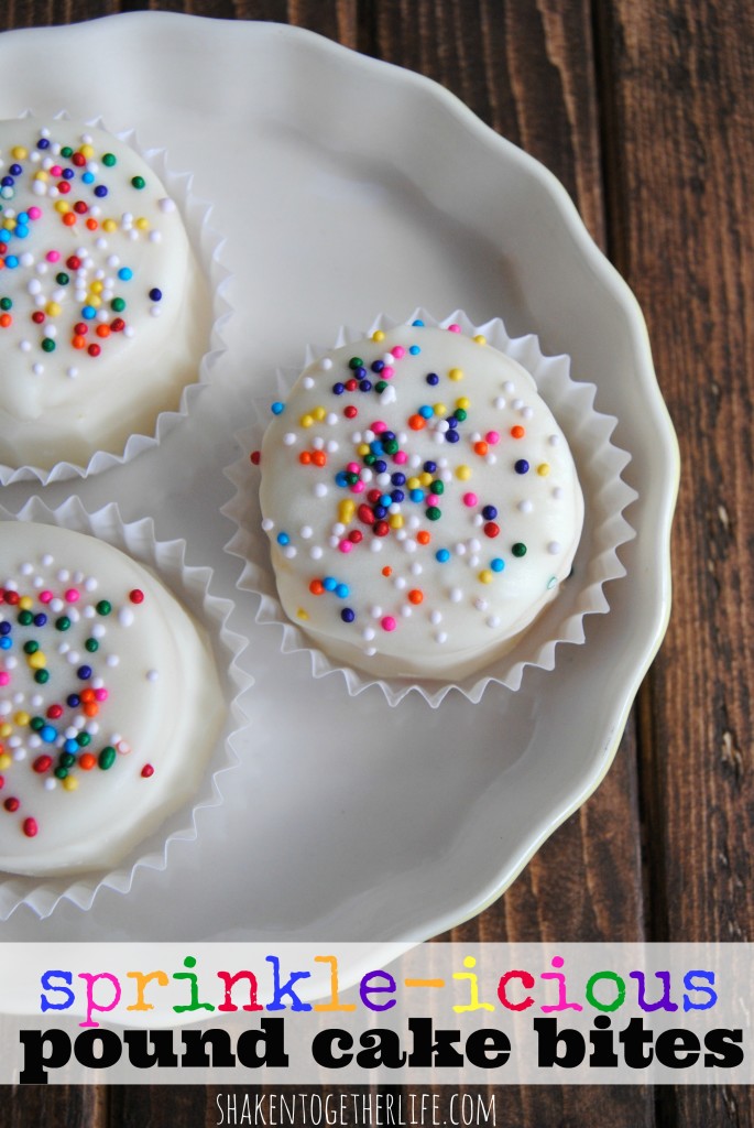 Sprinkle topped no-bake pound cake bites are so fun for birthdays!