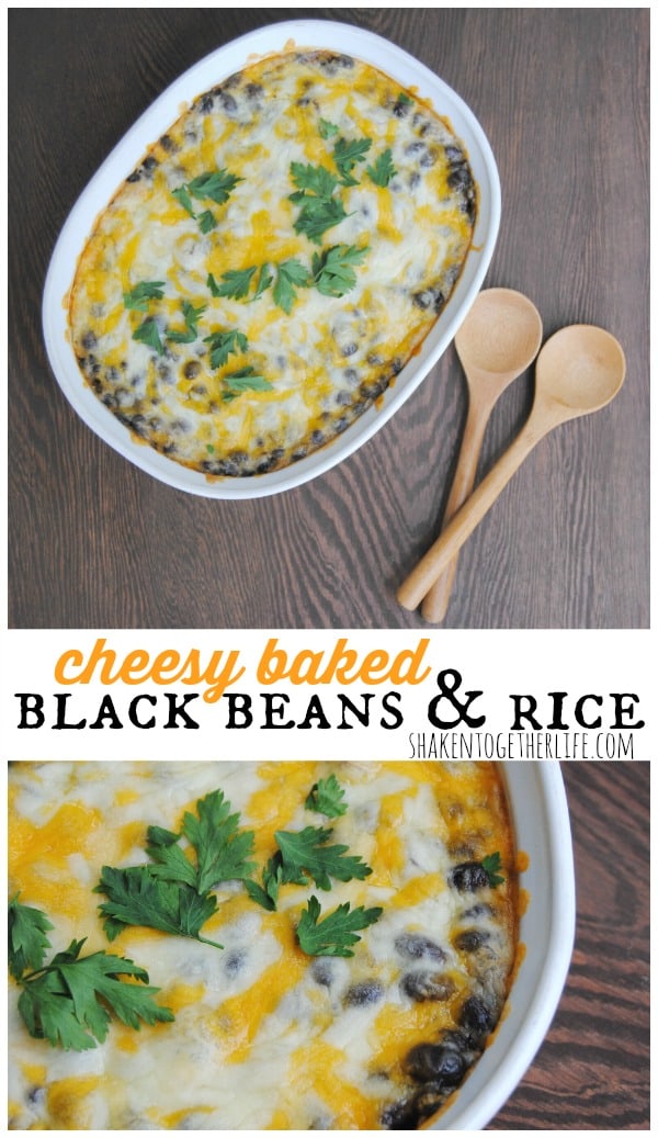 Cheesy baked black beans and rice - great side dish for Cinco de Mayo