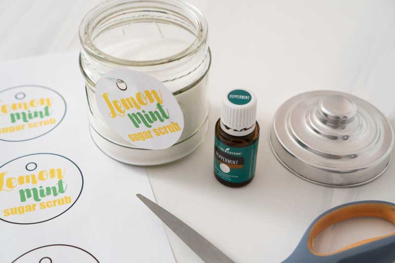 lemon mint sugar scrub in glass jar with printable labels for gifts