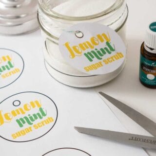 homemade lemon mint sugar scrub in jar with printable tags and scissors