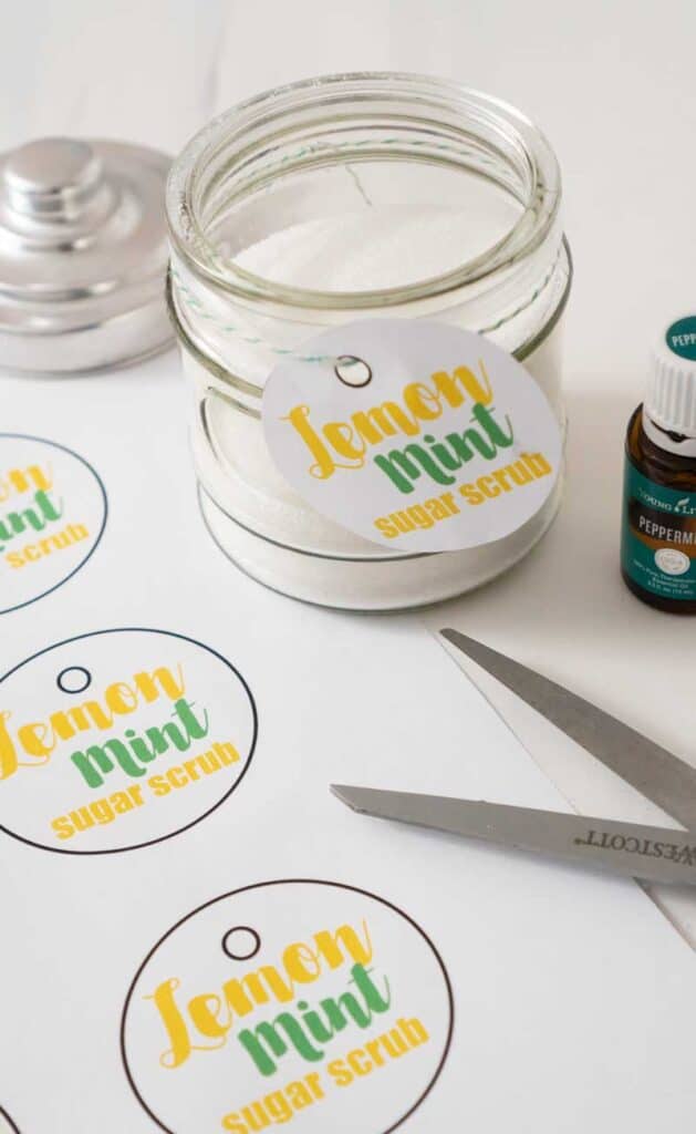 homemade lemon mint sugar scrub in jar with printable tags and scissors