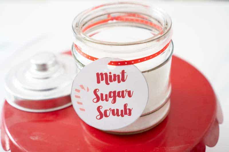 mint sugar scrub in small har with printable gift tag