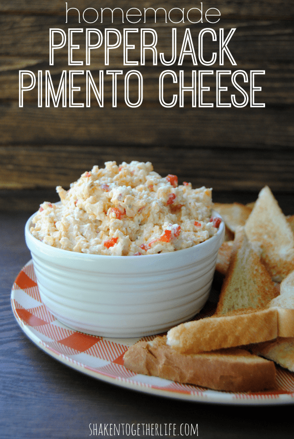 Homemade pepperjack pimento cheese - best served with toasted triangles of good ol' fashioned white bread!