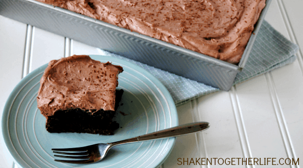 Death by Chocolate Poke Cake on blue plate