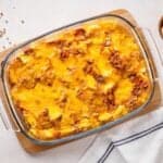 everything bagel breakfast casserole in a glass casserole dish