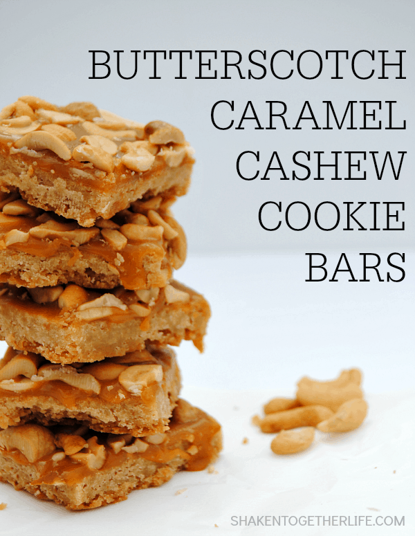 Butterscotch caramel cashew cookie bars - brown sugar cookie, spread with rich butterscotch caramel and topped with crispy salted cashews!