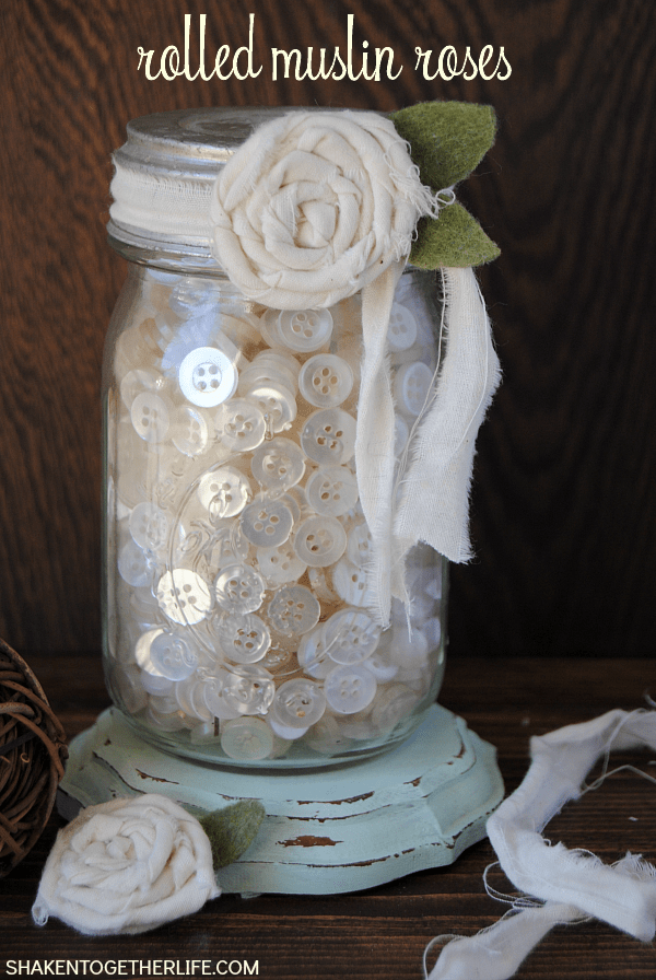 Easy Rolled Muslin Roses - a great way to use those fabric and felt scraps for pretty, rustic decor!