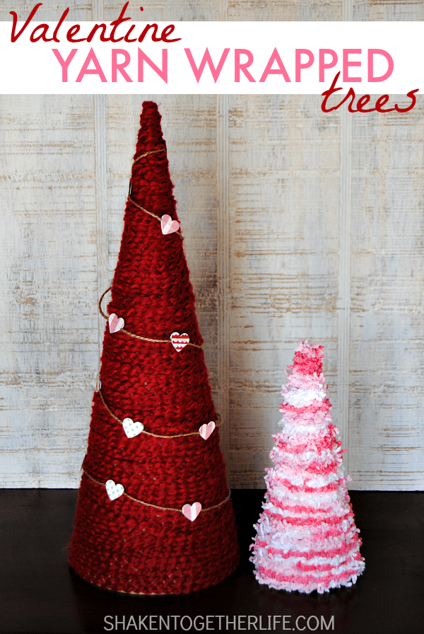 Valentine Yarn Wrapped Trees - love the colors and textures of that yarn! Perfect for a Valentine mantel or vignette!