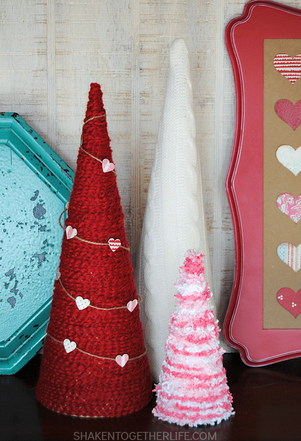 Valentine Yarn Wrapped Trees - love the colors and textures of that yarn! Perfect for a Valentine mantel or vignette!