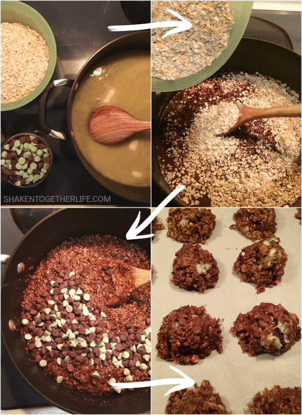 These Mint Chocolate No Bake Cookies are cooked stove top and dropped on parchment into soft delicious two bites cookies full of mint chocolate goodness!