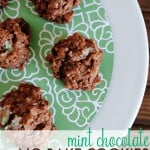 mint chocolate no bake cookies on white platter with green napkin