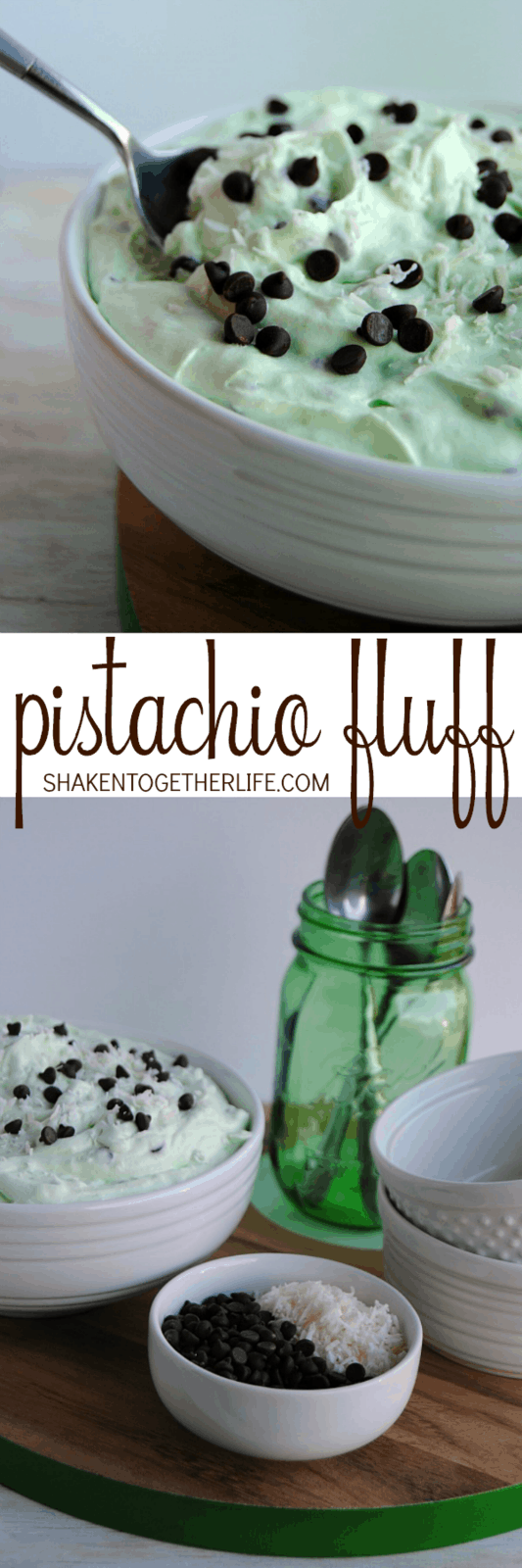 Pistachio fluff is a light dessert that is perfect for Spring! Pistachio flavored fluff is combined with coconut & mini chocolate chips for a no bake treat!