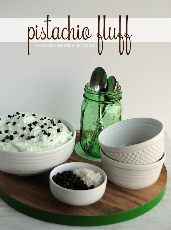 Pistachio fluff is a light dessert that is perfect for Spring! Pistachio flavored fluff is combined with coconut & mini chocolate chips for a no bake treat!