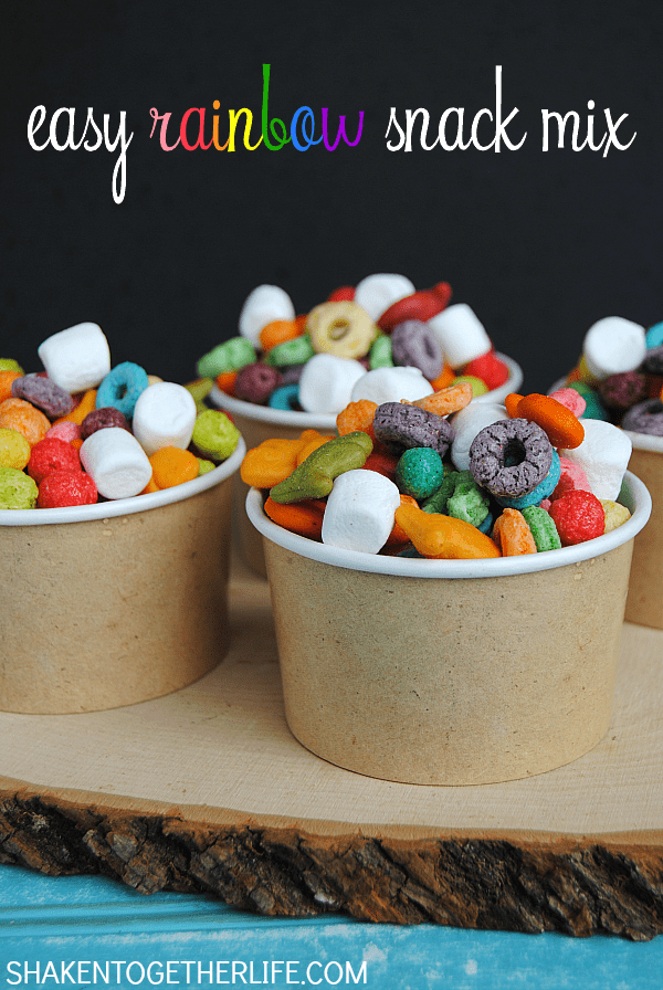 Make a fun snack mix with assorted rainbow colored tasty treats! This easy colorful Rainbow Snack Mix is perfect for St. Patricks Day