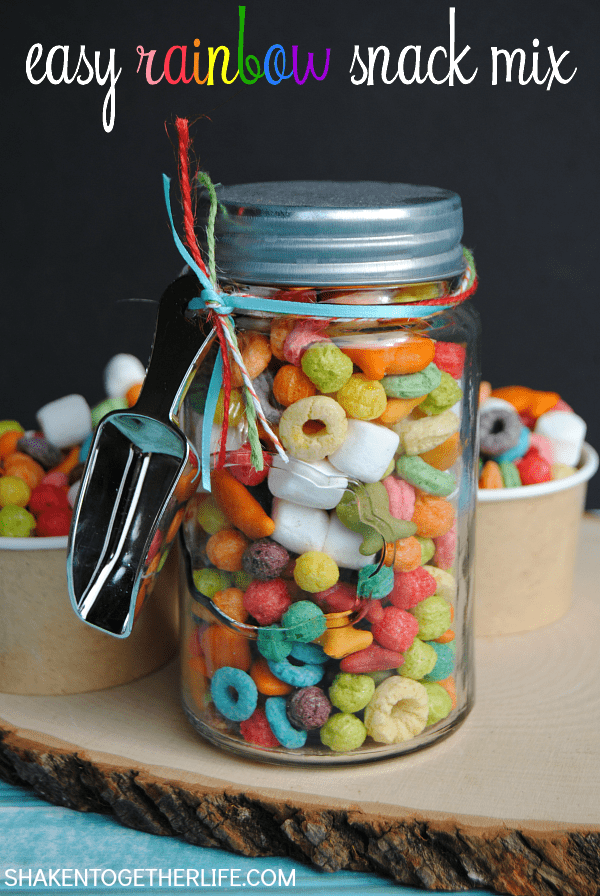 Make a fun snack mix with assorted rainbow colored tasty treats! This easy colorful Rainbow Snack Mix is perfect for St. Patricks Day