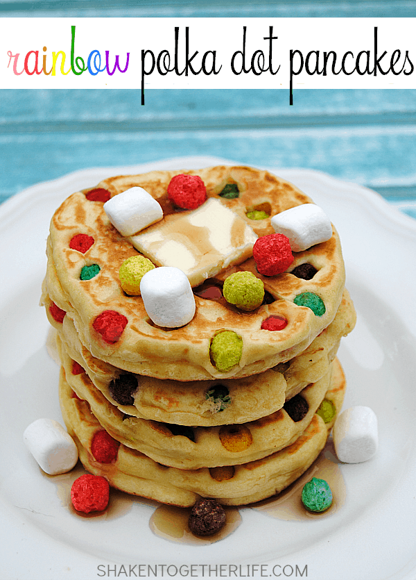 Rainbow Polka Dot Pancakes! Fruity rainbow cereal added to pancakes makes a delicious whimsical breakfast treat!