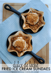 Dulce de Leche Fried Ice Cream Sundaes - cinnamon sugar tortilla bowls filled with ice cream, warm dulce de leche and a crispy sprinkling of toasted graham crackers!