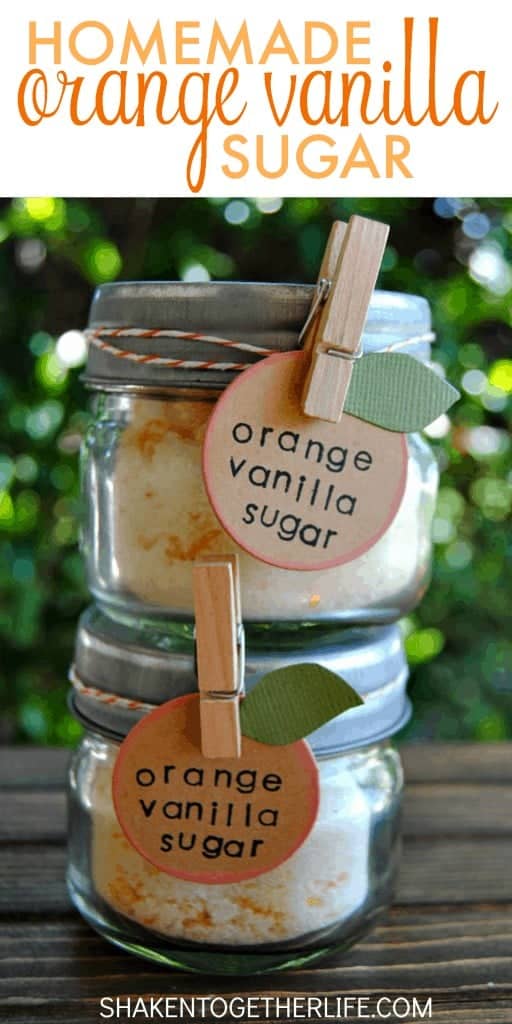 Homemade Orange Vanilla Sugar makes a sweet gift!  Sugar is infused with orange essential oil, vanilla and real orange zest. SO good in hot or iced tea, sprinkled over buttered toast or used in baking recipes!