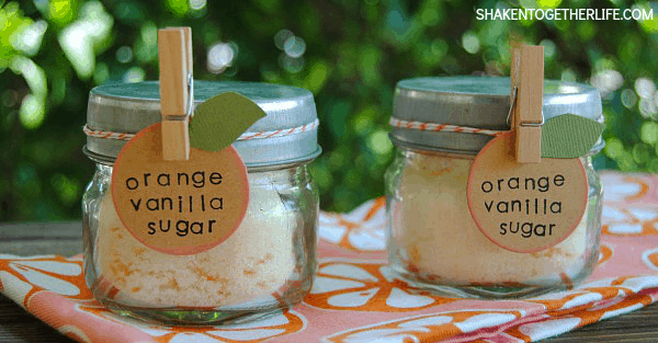 Homemade Orange Vanilla Sugar makes a sweet gift!  Sugar is infused with orange essential oil, vanilla and real orange zest. SO good in hot or iced tea, sprinkled over buttered toast or used in baking recipes!