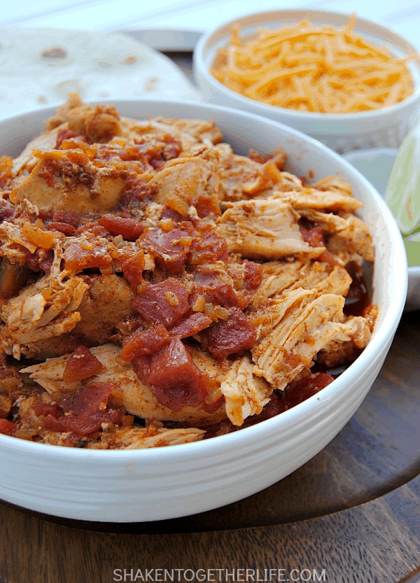 Slow Cooker Mexican Shredded Chicken in a white bowl