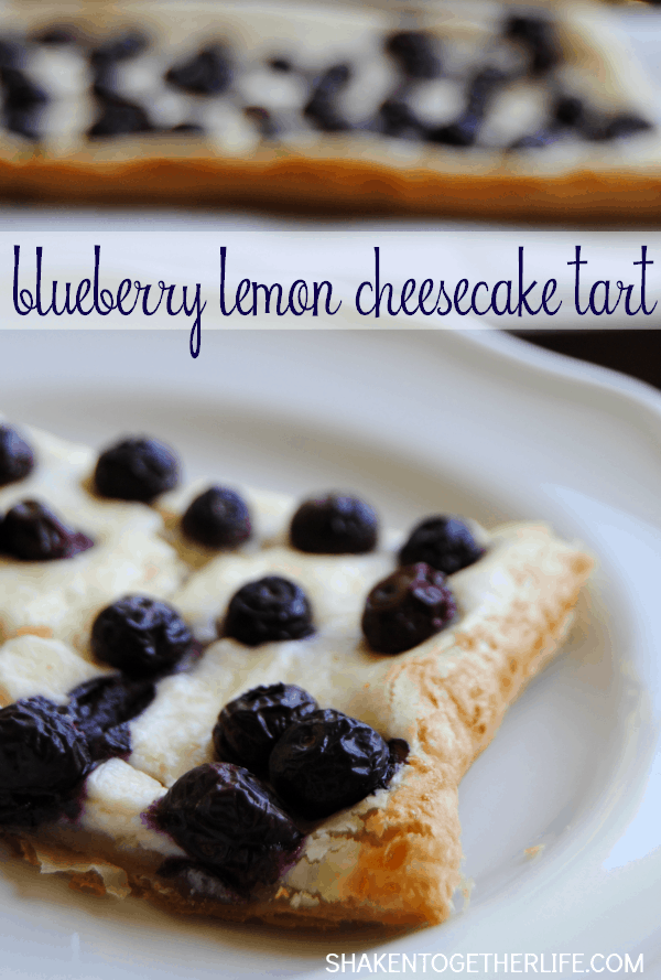 This Blueberry Lemon Cheesecake Tart is SO delicious! Golden flaky puff pastry is topped with a lemon cheesecake filling and fresh blueberries!