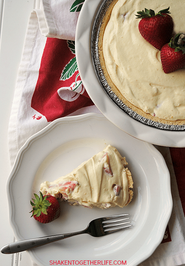 A shortbread crust, creamy vanilla fluff filling and tons of fresh strawberries make this no-bake Strawberry Shortcake Pie so delicious!