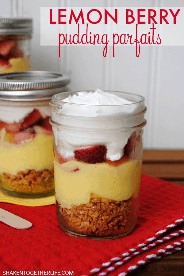 Lemon Berry Pudding Parfaits with layers of graham crackers, pudding, fresh berries and fluffy whipped topping are a lightened up Summer dessert!