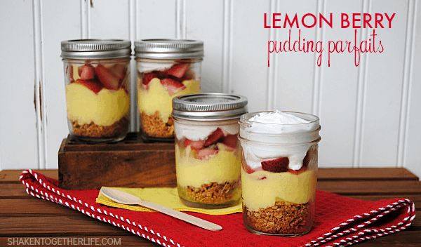 Lemon Berry Pudding Parfaits with layers of graham crackers, pudding, fresh berries and fluffy whipped topping are a lightened up Summer dessert!