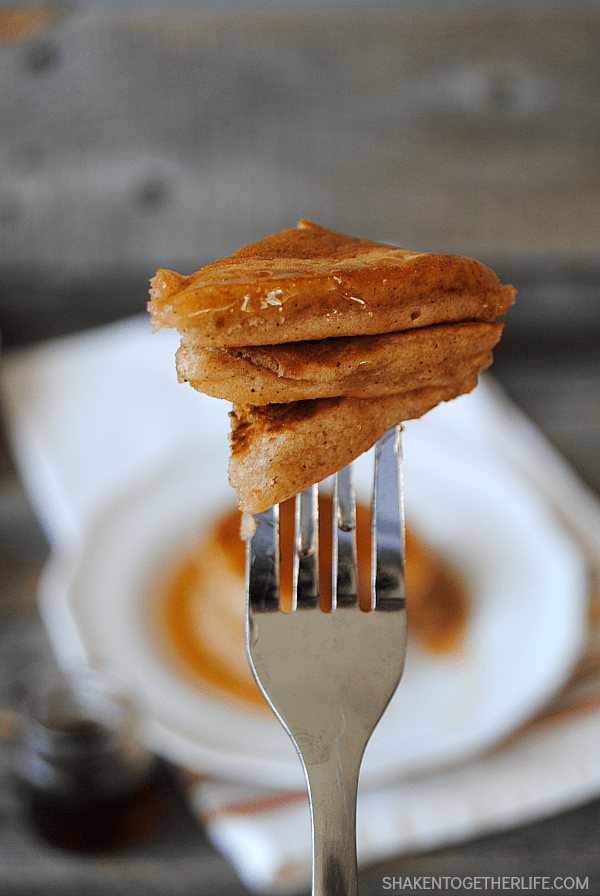 fork with pieces of apple butter pancakes
