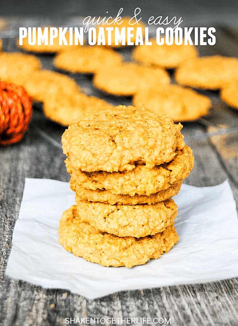 Pumpkin Oatmeal Cookies stacked on parchment paper