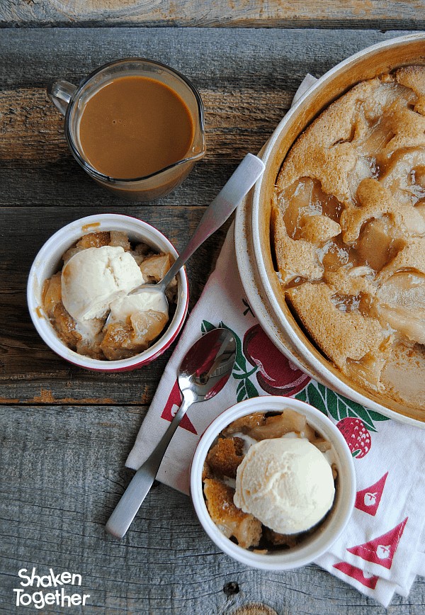 Caramel Apple Cobbler Cake in bowls from overhead