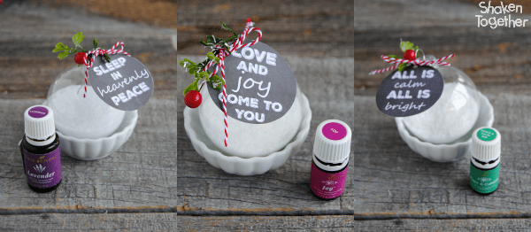 Bath Salts Ornaments filled with homemade bath salts are so thoughtful for holiday gift giving! 3 printable chalkboard tags included that coordinate with 3 scents of Young Living Essential oils!