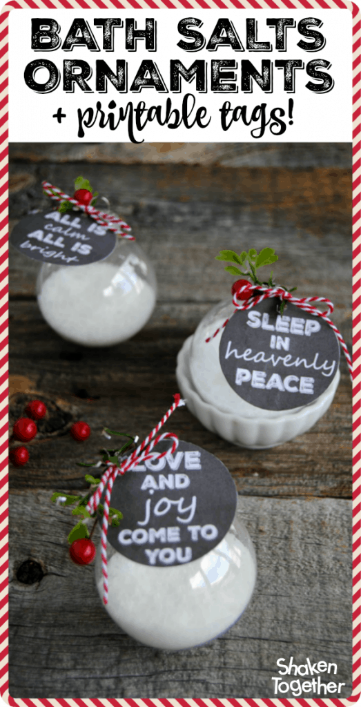 Bath Salts Ornaments filled with homemade bath salts are so thoughtful for holiday gift giving! 3 printable chalkboard tags included that coordinate with 3 scents of Young Living Essential oils!