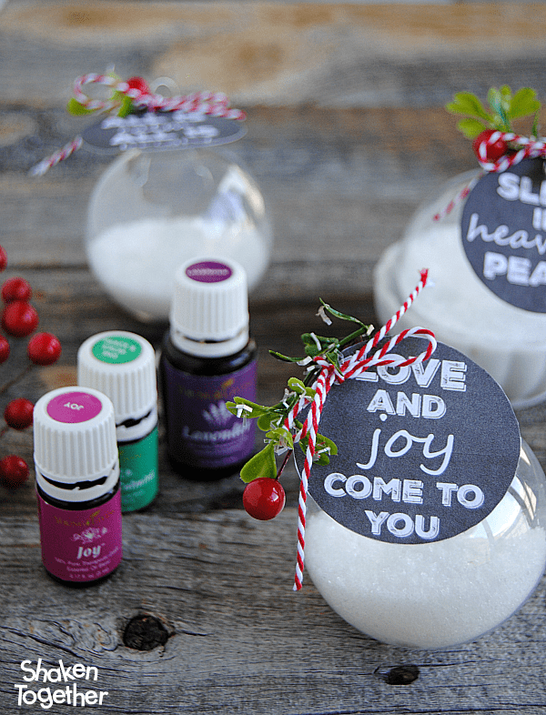 Bath Salts Ornaments filled with homemade bath salts are so thoughtful for holiday gift giving! 3 printable chalkboard tags included that coordinate with 3 scents of Young Living Essential oils!