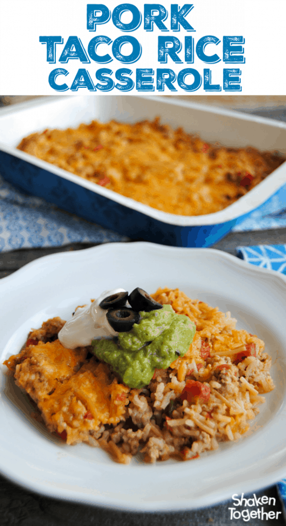 With only 4 ingredients, this Pork Taco Rice Casserole is easy and hearty! Serve it with your favorite taco toppings and cornbread!