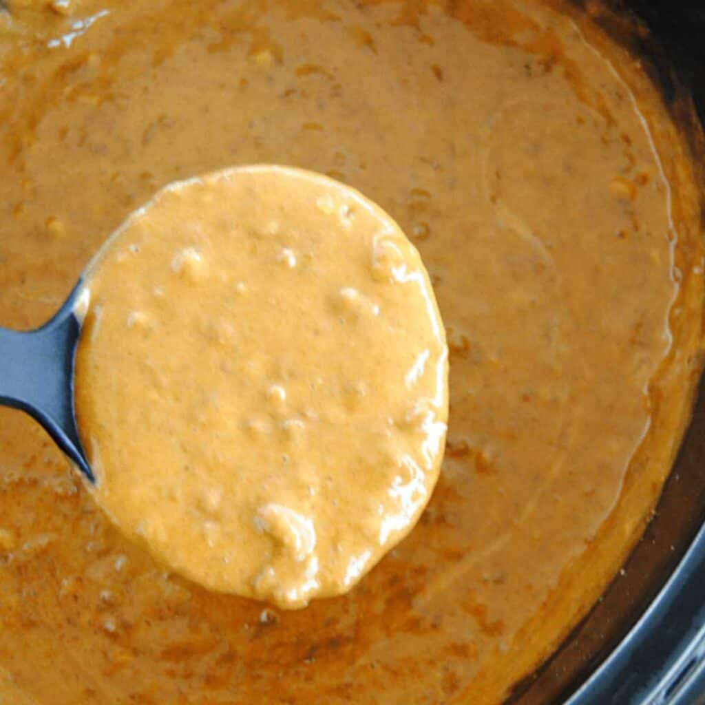 ladle of chili dip over slow cooker