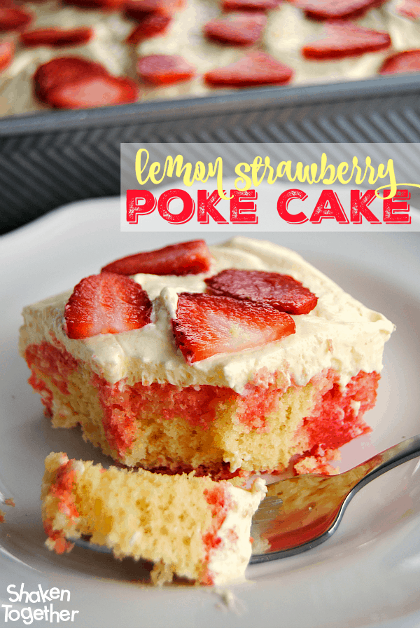 Your friends and family will rave about this Lemon Strawberry Poke Cake! A lemon cake gets drenched in strawberry Jello, topped with a fluffy lemon topping and covered in fresh sliced strawberries!