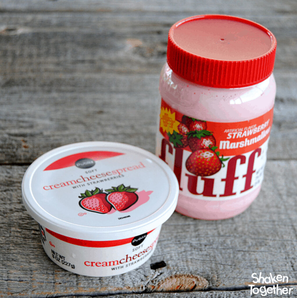 strawberry cream cheese tuba nd container of strawberry marshmallow fluff