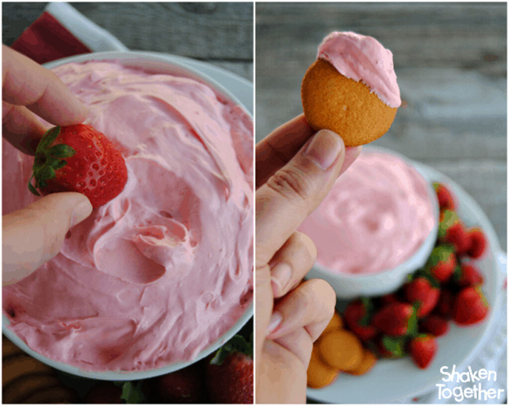 collage of dipping strawberry and vanilla wafer in pink fruit dip