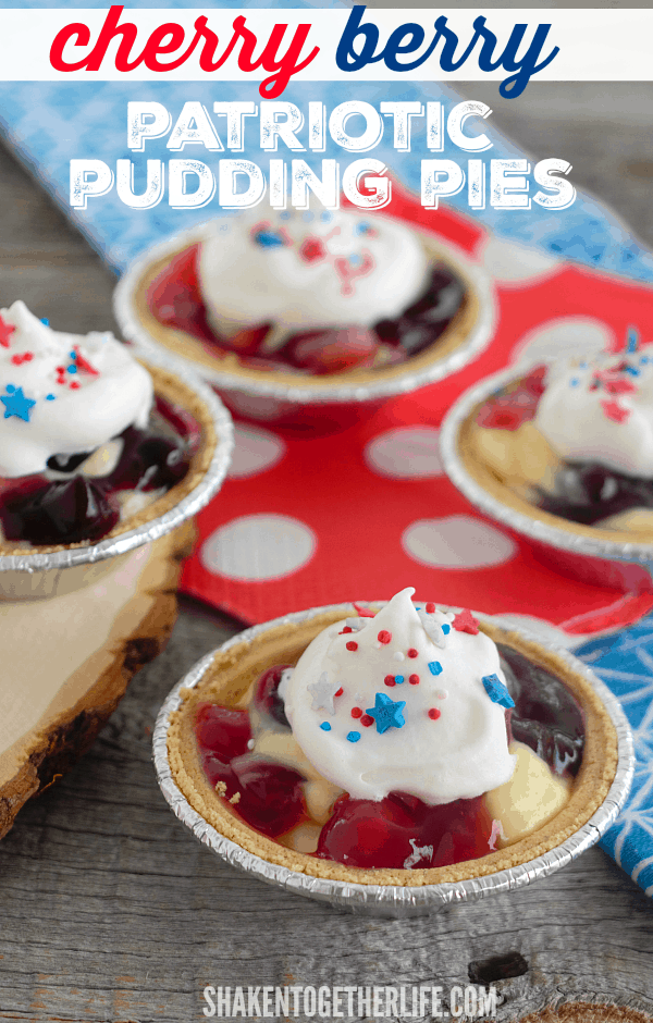 A quick and easy red, white and blue no bake dessert - Cherry Berry Patriotic Pudding Pies!