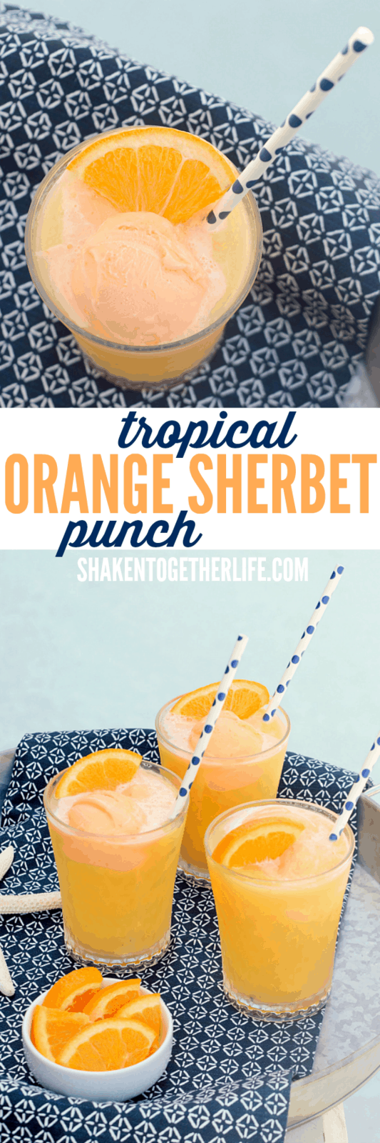 Tropical Orange Sherbet Punch is on repeat this Summer! Tropical fruit juices, lemon lime soda and scoops of orange sherbet make this punch a family favorite!