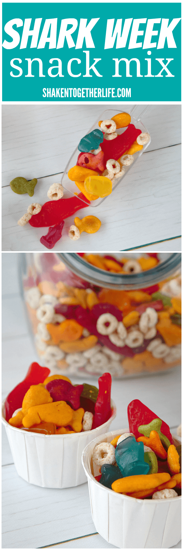 Need a shark themed snack? Try our colorful, sweet and salty Shark Week Snack Mix!