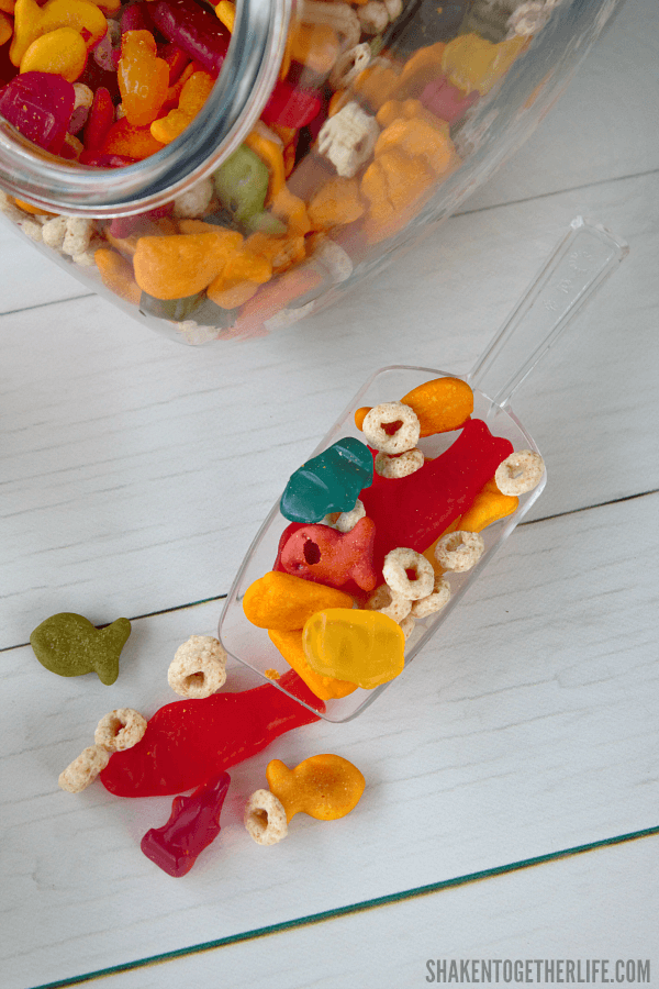 Need a shark themed snack? Try our colorful, sweet and salty Shark Week Snack Mix!