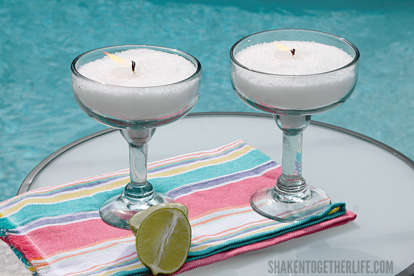 Thrifted margarita glasses make the perfect container for these Easy DIY Margarita Scented Candles! No wax melting, no thermometers - this is the easiest way to make candles hands down!